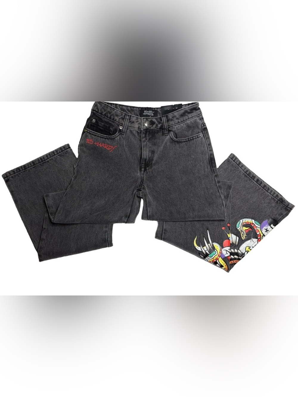Cyber Y2K Wide Leg Jeans Heavy Skull Eagle Snake Print Grey Baggy Skater Size 24